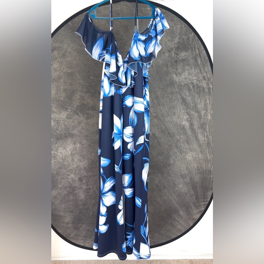 K Jordan Navy Floral Off-Shoulder Wide-Leg Jumpsuit | 2X - Picture 4 of 9